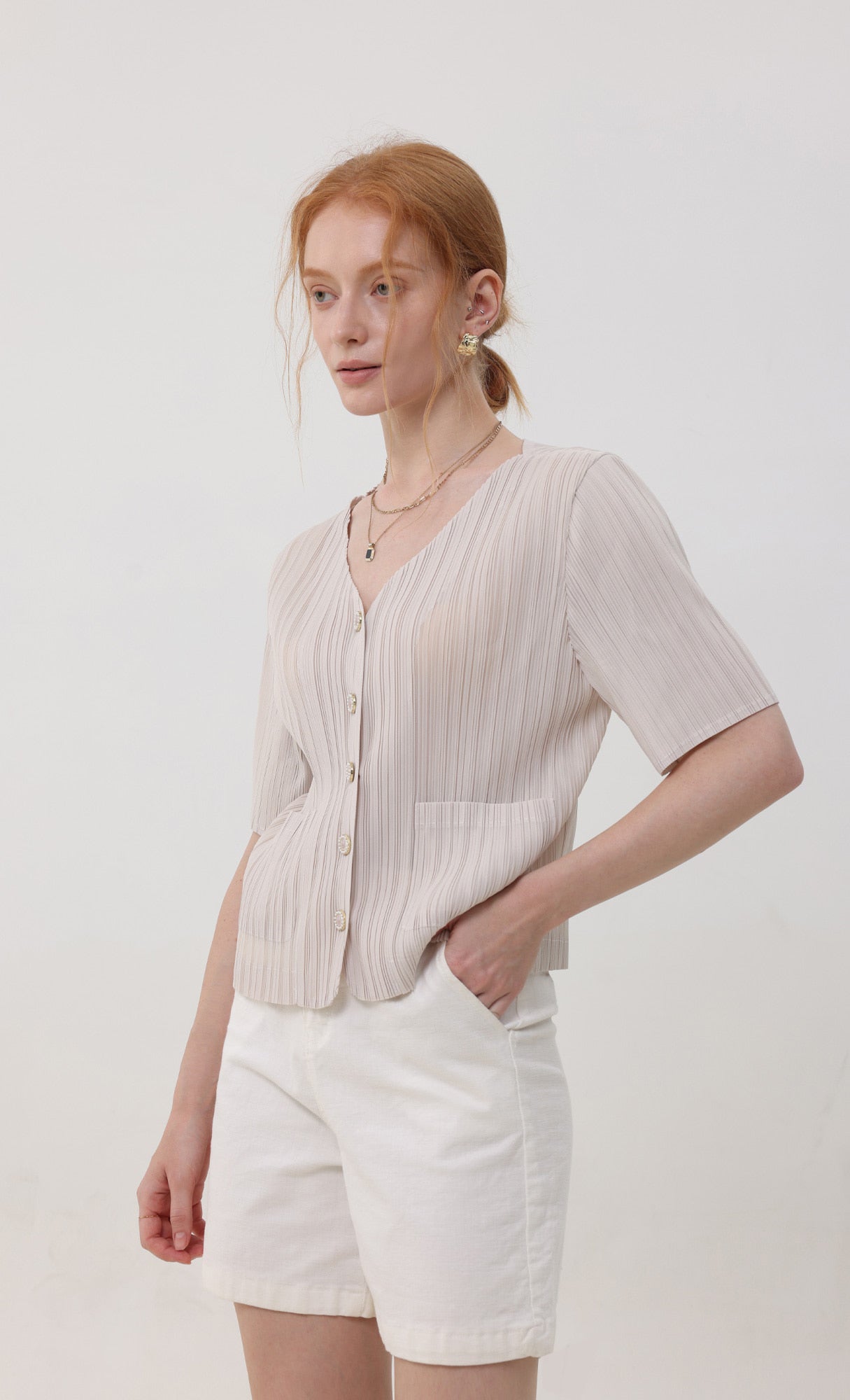Pleatsmood Button Pleats Short-sleeve Top Lightbeige