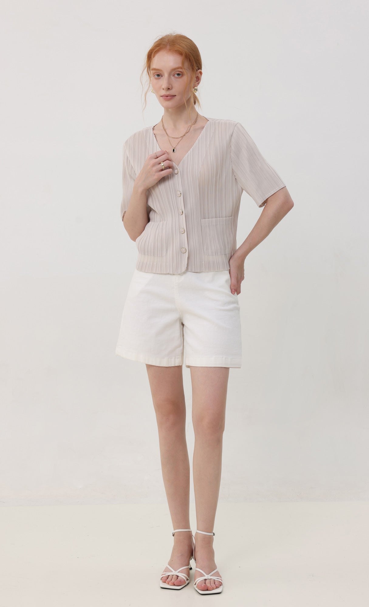 Pleatsmood Button Pleats Short-sleeve Top Lightbeige