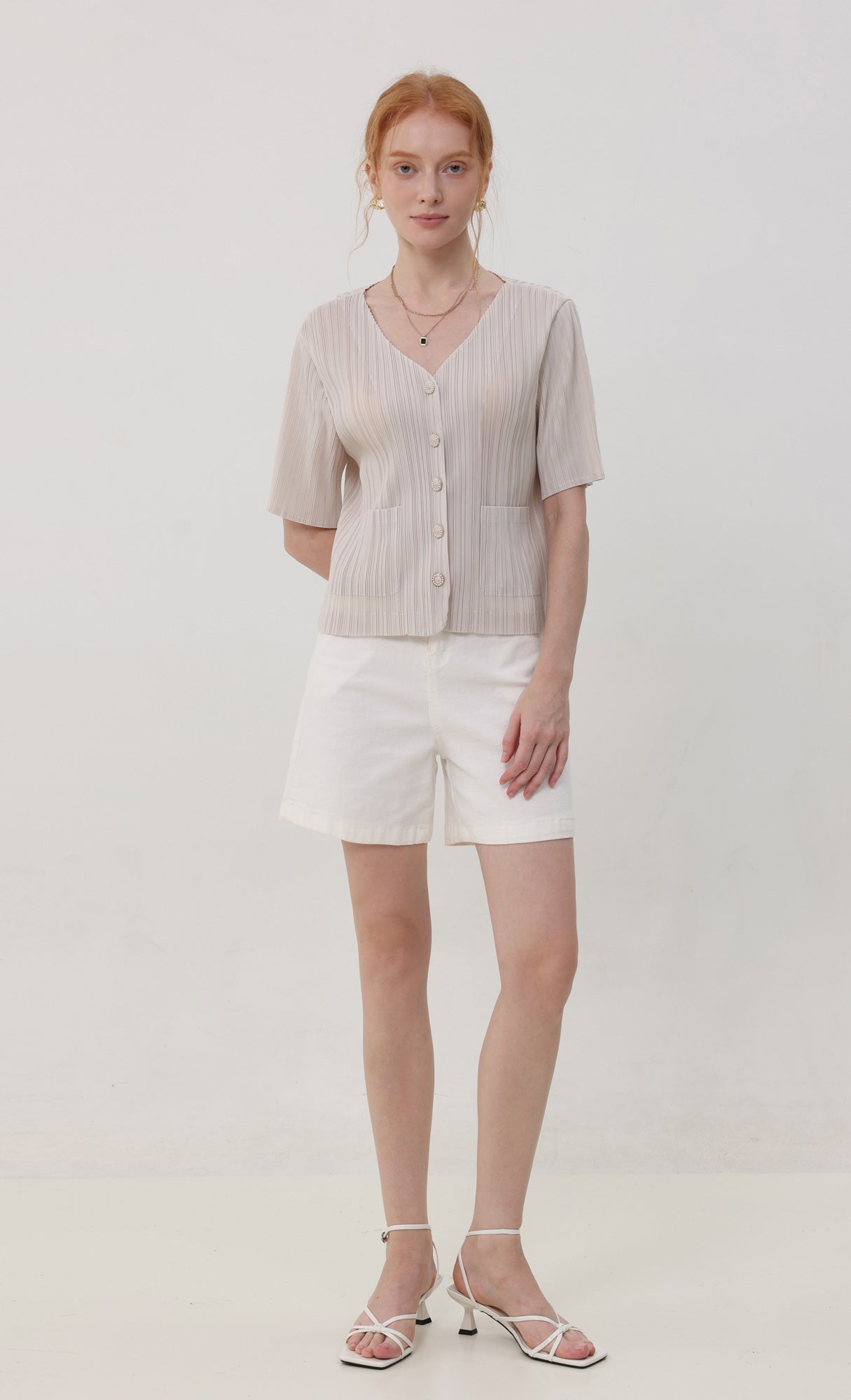 Pleatsmood Button Pleats Short-sleeve Top Lightbeige