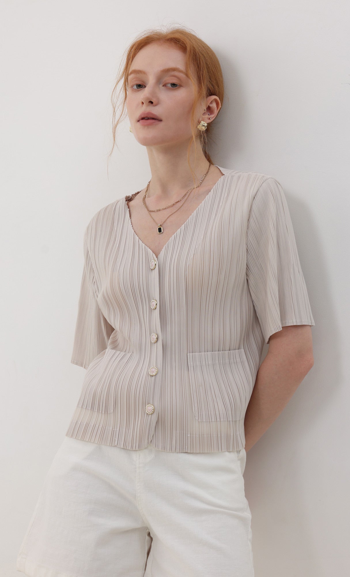 Pleatsmood Button Pleats Short-sleeve Top Lightbeige