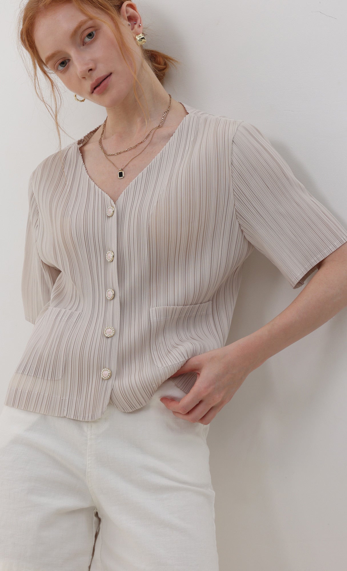 Pleatsmood Button Pleats Short-sleeve Top Lightbeige