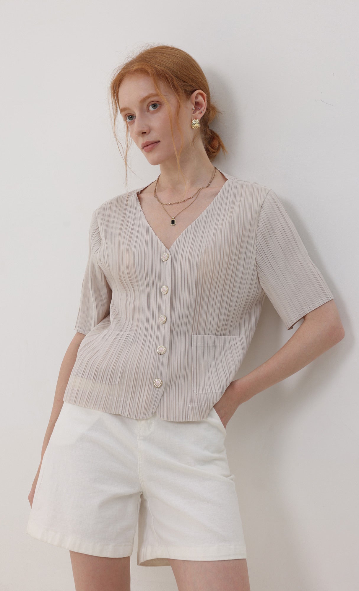 Pleatsmood Button Pleats Short-sleeve Top Lightbeige