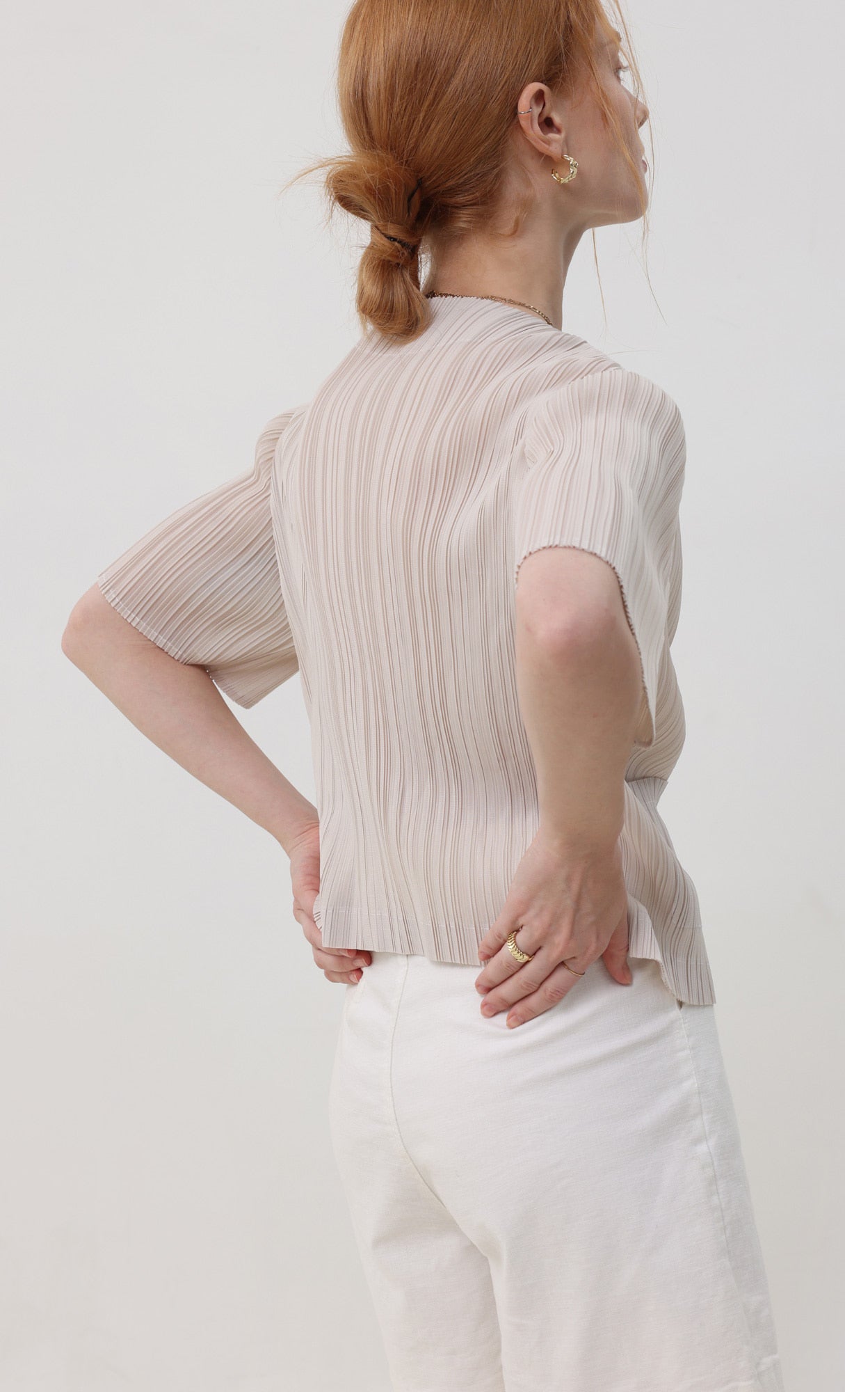 Pleatsmood Button Pleats Short-sleeve Top Lightbeige