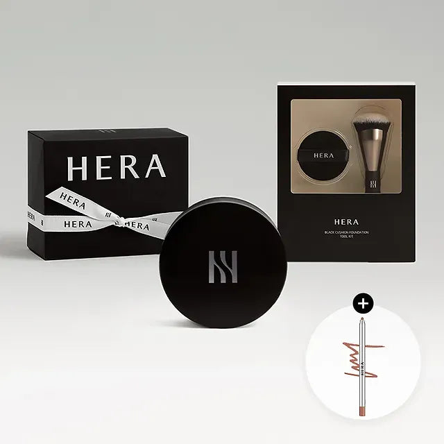 HERA Black Cushion Foundation Single (+2 Additional Puffs & Brush Tool Kit, Lip Concealer Included)