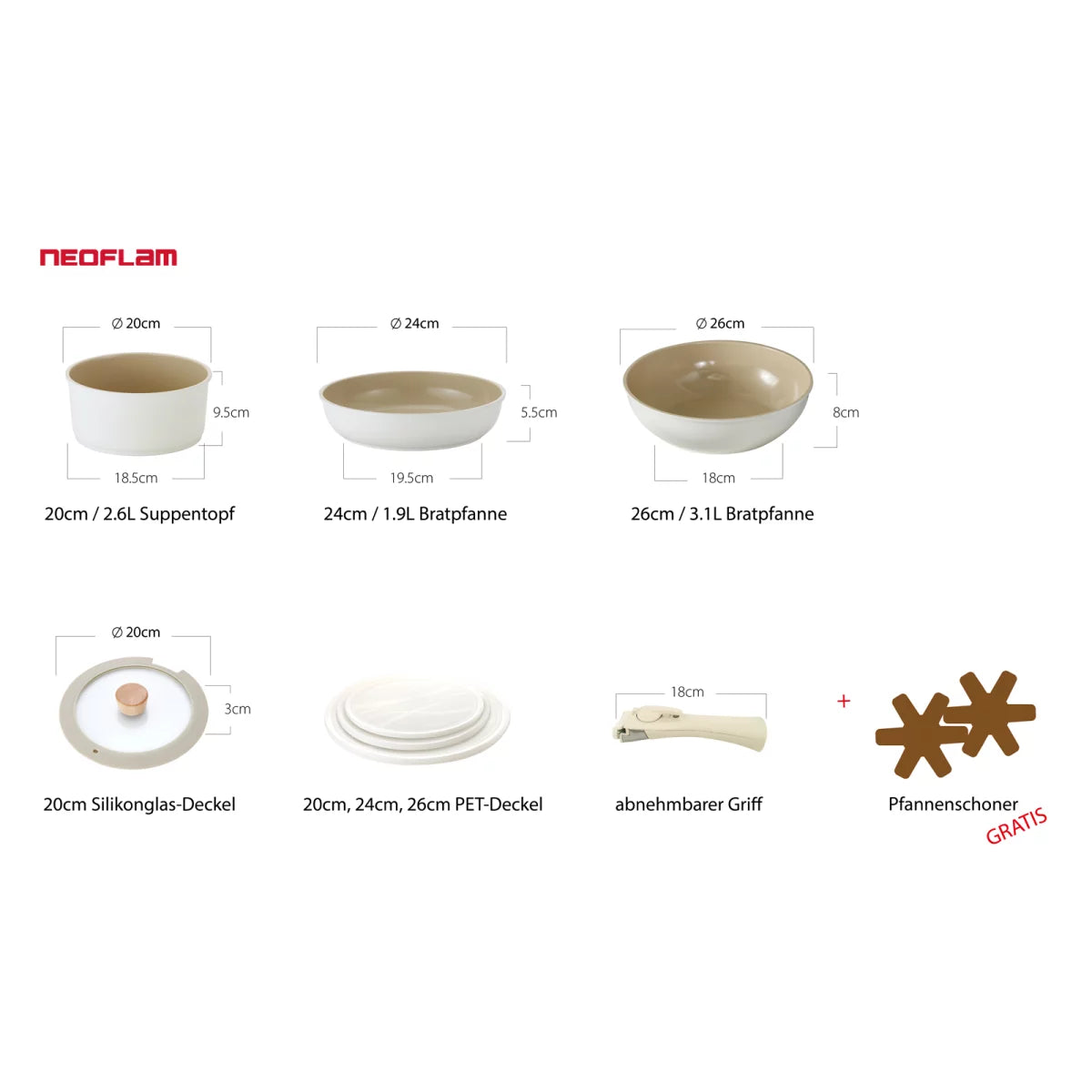 MIDAS Plus FIKA collection Ivory 7pc set (Wok, Frypan and Pot w/ detachable Handle)