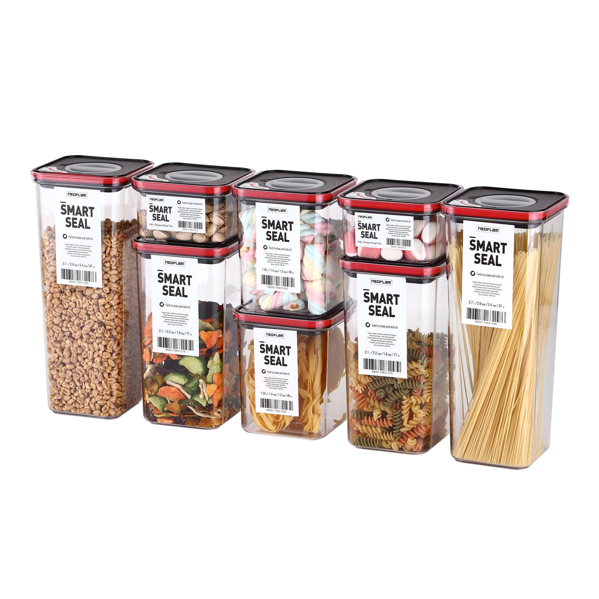 Smart Seal Food Storage, Square, 8PCs Set, Black Lid