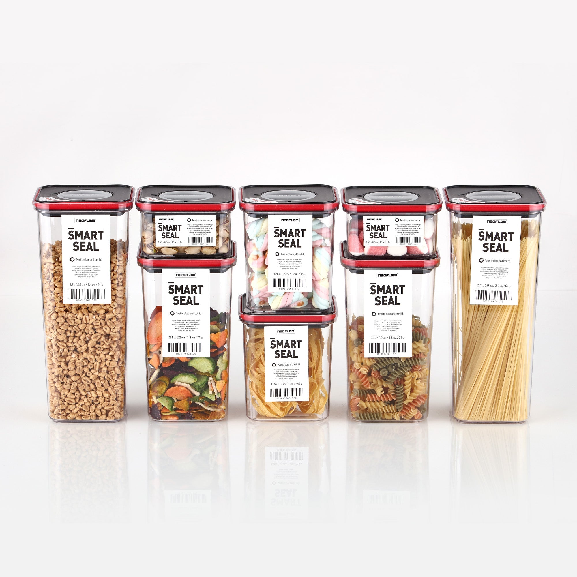 Smart Seal Food Storage, Square, 8PCs Set, Black Lid